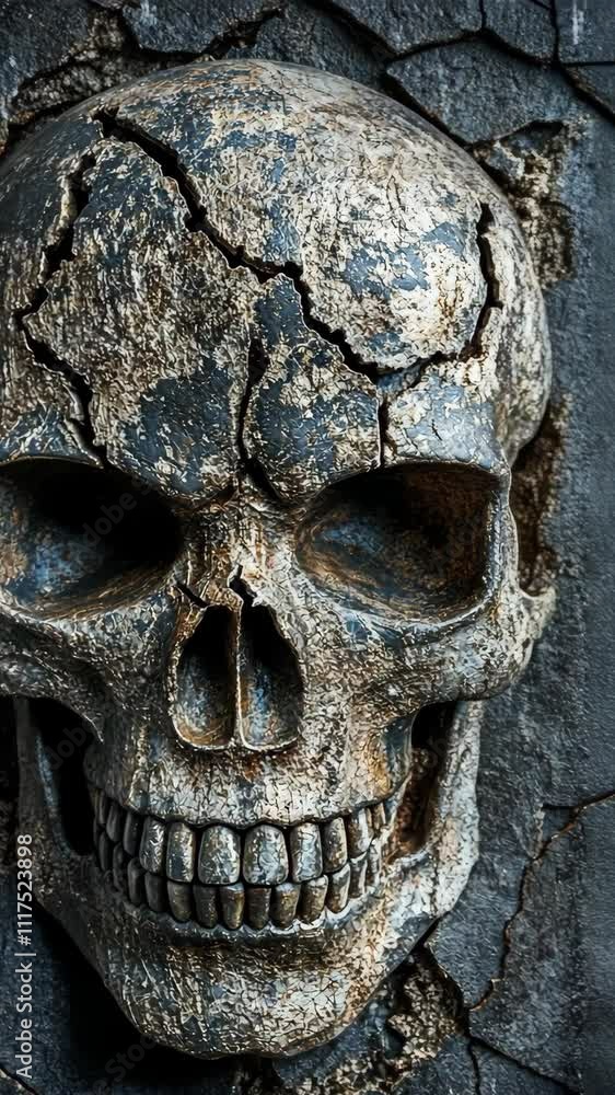 Detailed skull sculpture with cracked texture set against a dark background creates a striking visual impact Detailed skull sculpture with cracked texture set against a dark background creates a striking visual impact