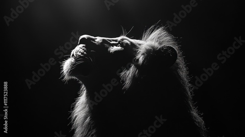 A dramatic black-and-white profile of a lion, showcasing its majestic features and expression.