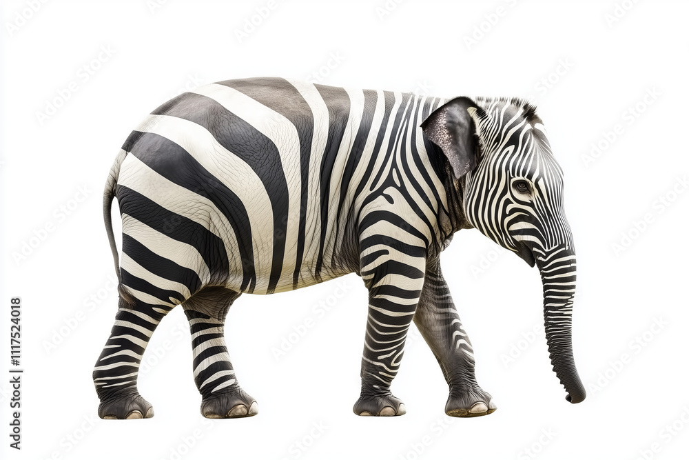 Elephant with zebra-like stripes walking gracefully against a white background, showcasing its unique appearance and size, isolated on white, side view.