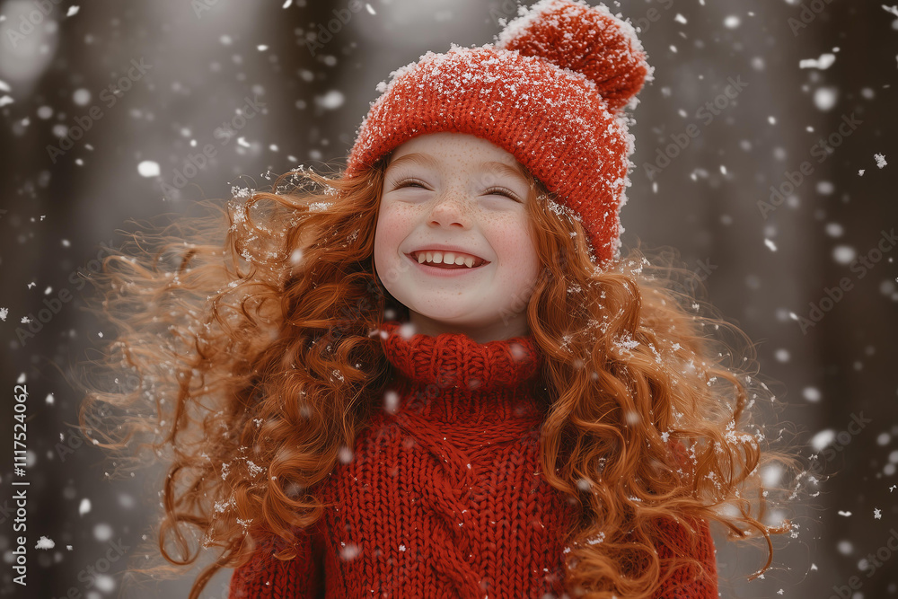 Cinematic photo of happy laughing red hair little girl in red knitted sweater and hat , wind blows her messy long curly ginger hair, golden hour at the winter forest, snowfall, cinematic Cinematic photo of happy laughing red hair little girl in red knitted sweater and hat , wind blows her messy long curly ginger hair, golden hour at the winter forest, snowfall, cinematic