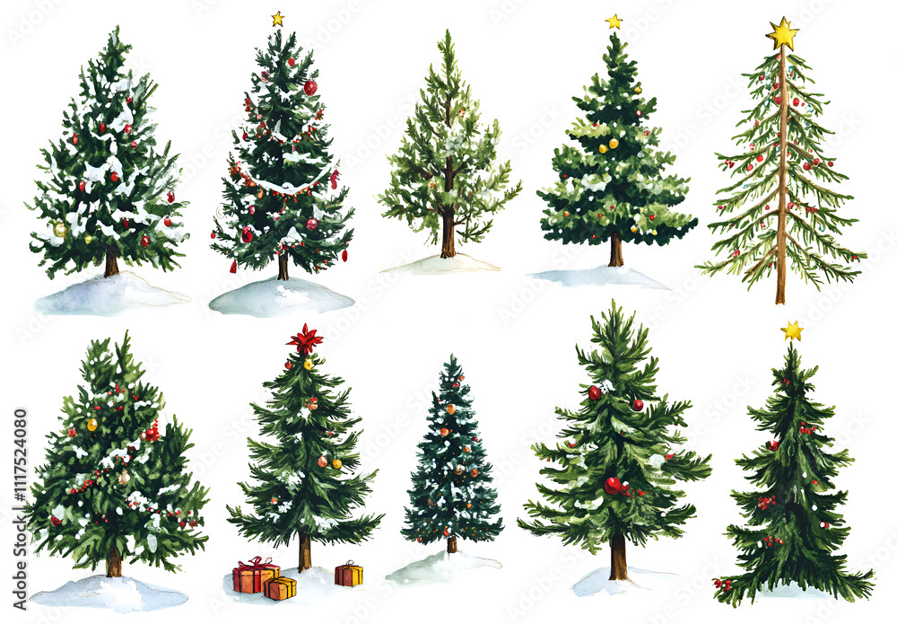 Obraz premium Set of Christmas tree illustrations isolated on a white background, in a cartoon style