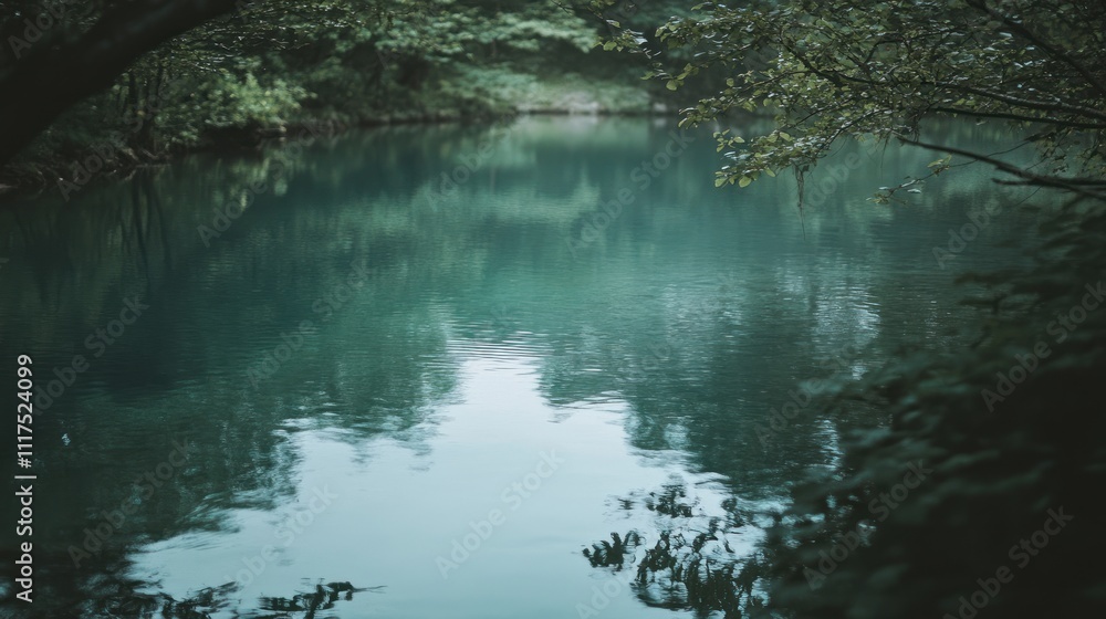 Serene Green Water Reflecting Lush Forest Canopy Serene Green Water Reflecting Lush Forest Canopy