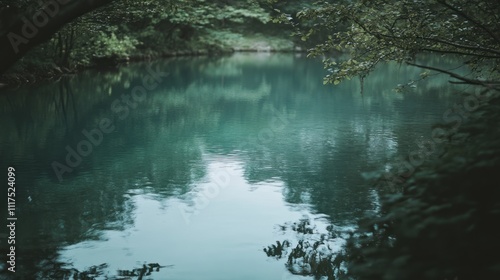 Serene Green Water Reflecting Lush Forest Canopy