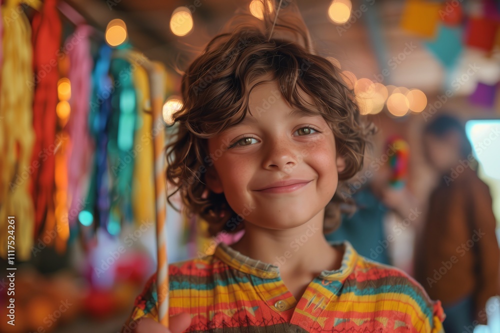 A joyful child wearing a colorful shirt, smiling in a festive environment. A joyful child wearing a colorful shirt, smiling in a festive environment.