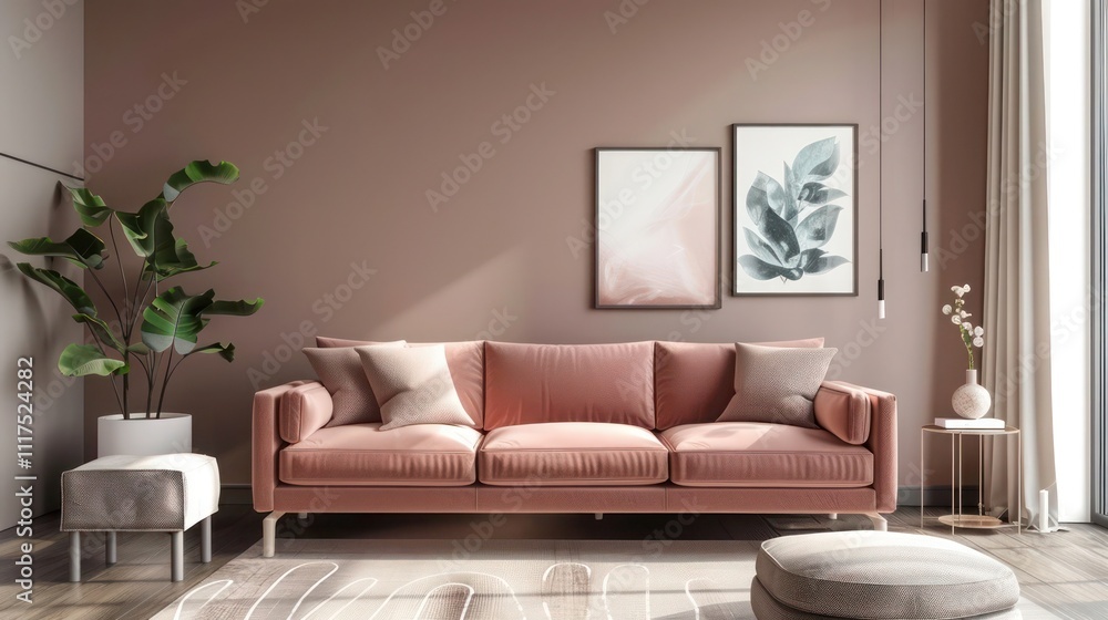 Modern living room with taupe walls, dusty rose sofa, and minimalist decor elements Modern living room with taupe walls, dusty rose sofa, and minimalist decor elements