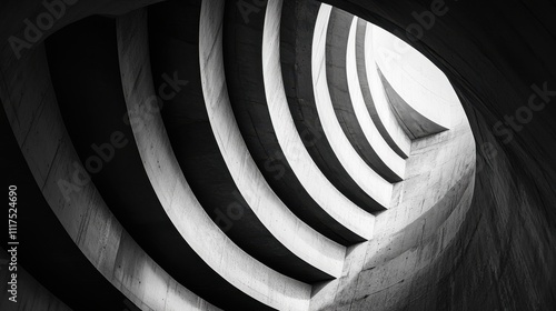 Abstract grayscale image of a spiraling concrete ramp.