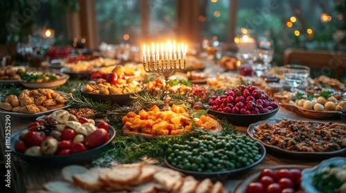 Festive Hanukkah dinner table with lit menorah, various dishes, and candles. photo