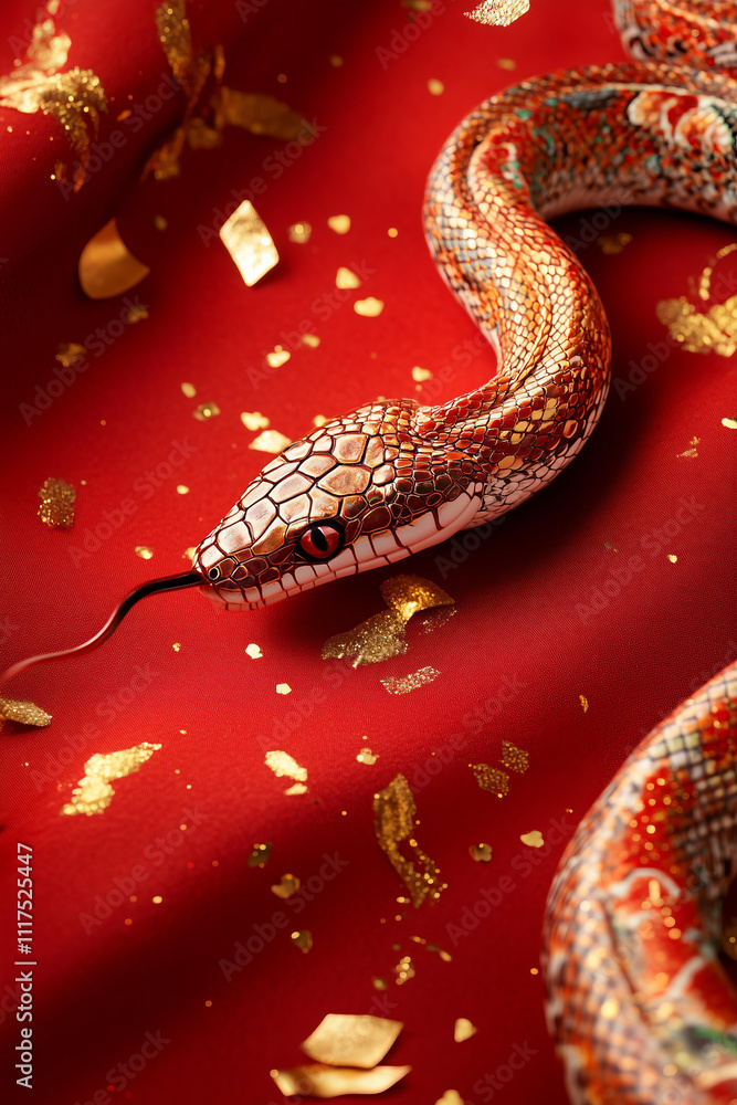 top view of red snake with golden Chinese style print, red background, soft and festive, golden confetti scattered, lunar new year symbol 2025 top view of red snake with golden Chinese style print, red background, soft and festive, golden confetti scattered, lunar new year symbol 2025