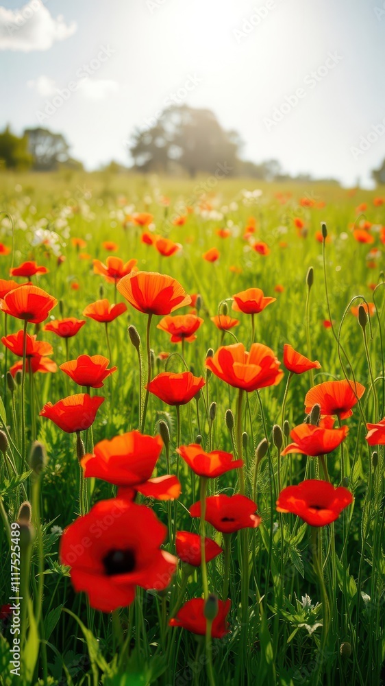 Vibrant summer meadow filled with bright red poppies under the sun, red poppies, vibrant Vibrant summer meadow filled with bright red poppies under the sun, red poppies, vibrant