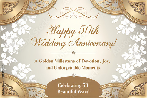 Luxurious 50th wedding anniversary card with intricate gold design
