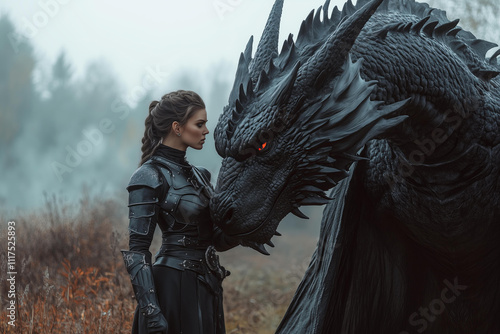 woman dragon rider , posing next to her huge black dragon , foggy background, medieval fantasy style outfit, leather armor, fictional character	 photo