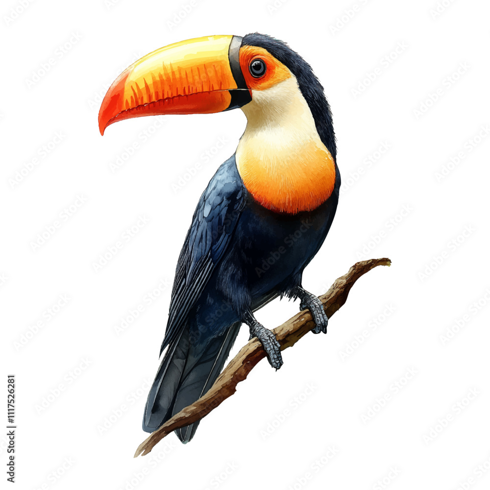 Obraz premium Watercolour Illustration of a Toucan with Vibrant Orange Beak Perched on a Branch, isolated on transparent background, png