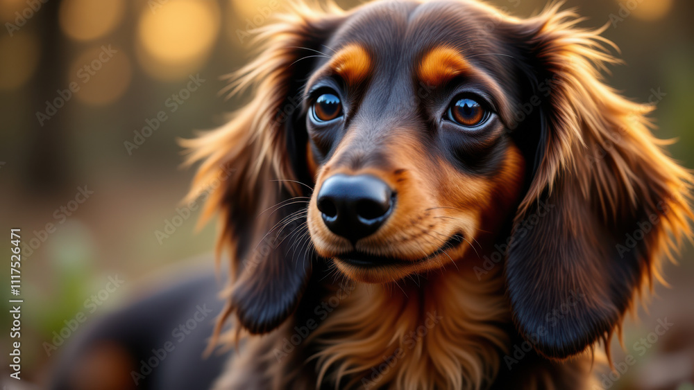 A long-haired dachshund looking towards the camera with a gentle expression. A long-haired dachshund looking towards the camera with a gentle expression.