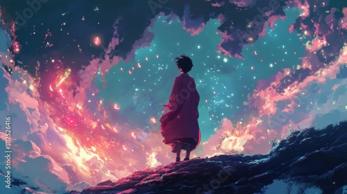 Person in robe gazing at magical sky.