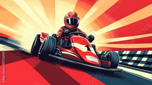 A dynamic illustration of a go-kart racer speeding on a colorful track.