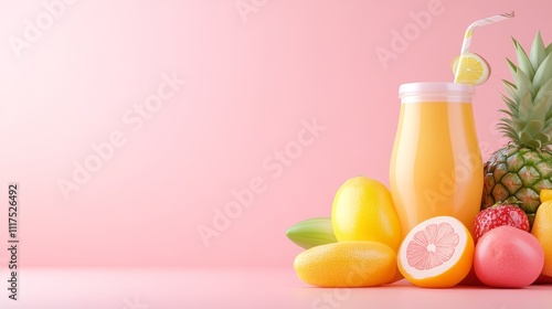 3D Model of Colorful Fruits and Juice on Empty Pink Background