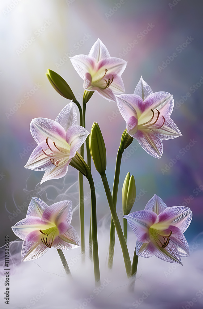 Obraz premium Beautiful Amaryllis flowers with translucent petals showcasing iridescent hues, creating a surreal and magical ambiance, cool spectrum amaryllis flowers. Created with generative AI