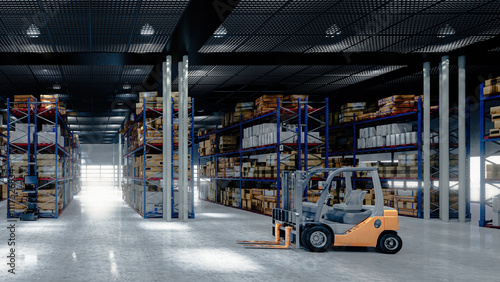 View at large warehouse with a forklift  and rows of shelves with boxes - 3D Visualization photo