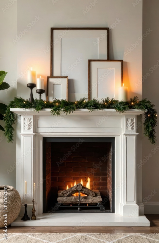 seasonal home decor and elegant living room interior design, mock up. cozy fireplace mantel with candles, blank photo frames and garland of greenery. seasonal home decor and elegant living room interior design, mock up. cozy fireplace mantel with candles, blank photo frames and garland of greenery.