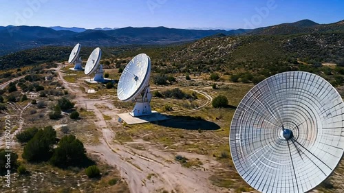 Radio astronomers studying distant stars and galaxies through radio wave signals. photo