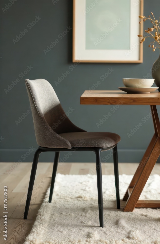 Obraz premium modern chair with sleek black frame, paired with section of wooden table. furniture poster. simple and stylish dining room detail, interior design