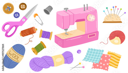 Tools for sewing and embroidery set.  Tailor's supplies, sewing equipment for handicrafts and textiles. Threads, sewing machines, scissors, pins, weaving wool, scissors. Vector illustration