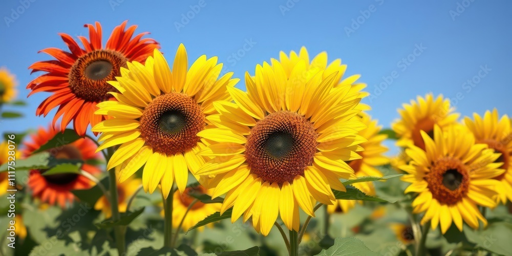 Vibrant sunflower garden in full bloom with blue sky background, summer, mobile phone Vibrant sunflower garden in full bloom with blue sky background, summer, mobile phone