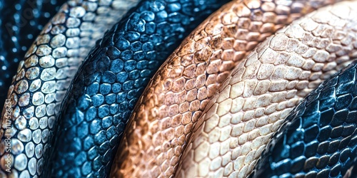 Row of snakeskin bracelets with different colors photo