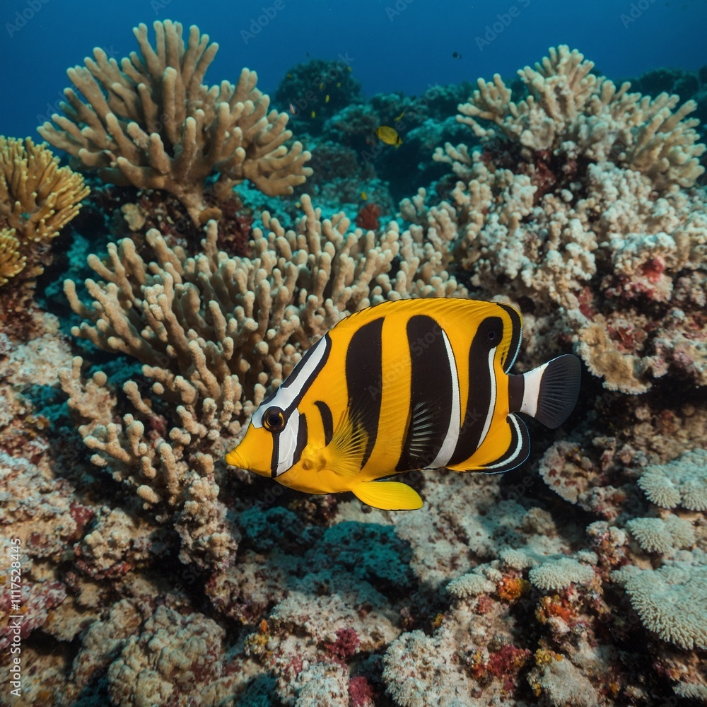 A regal butterflyfish with bold yellow and black patterns near a coral head. A regal butterflyfish with bold yellow and black patterns near a coral head.