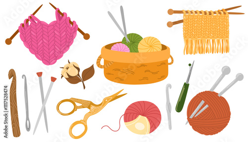 Knitting set. Yarn and threads, skein of wool, knitting needles, yarn basket, weaving wool, scissors pack. Needlework, tools for sewing and knitting collection. Flat vector illustration isolated