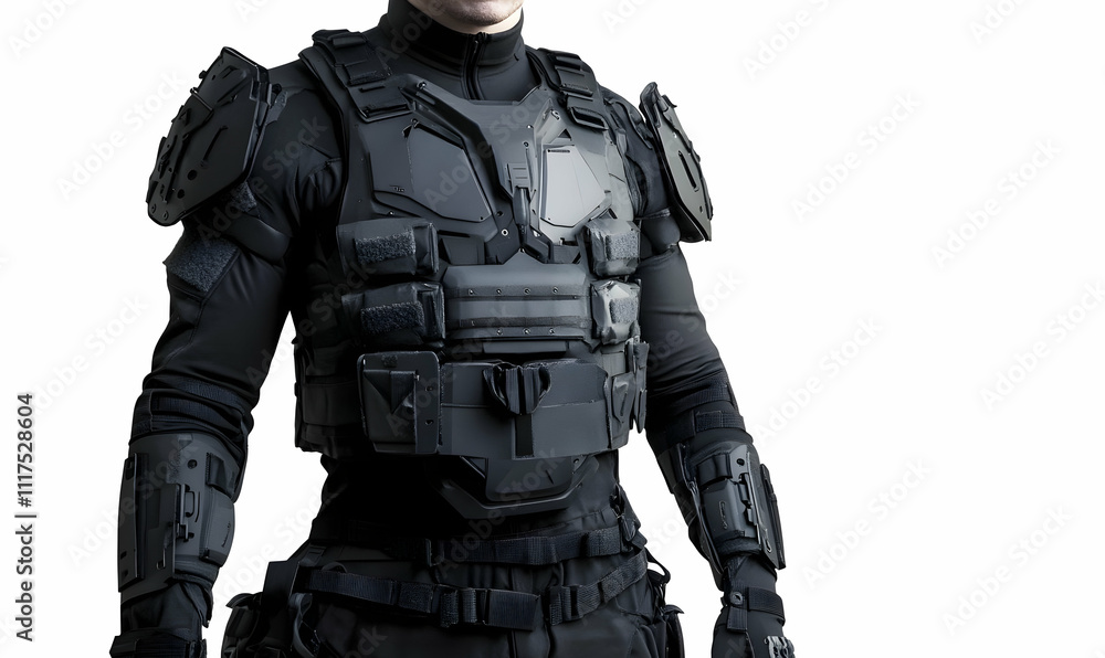 A futuristic black tactical suit designed for combat or protective purposes. A futuristic black tactical suit designed for combat or protective purposes.