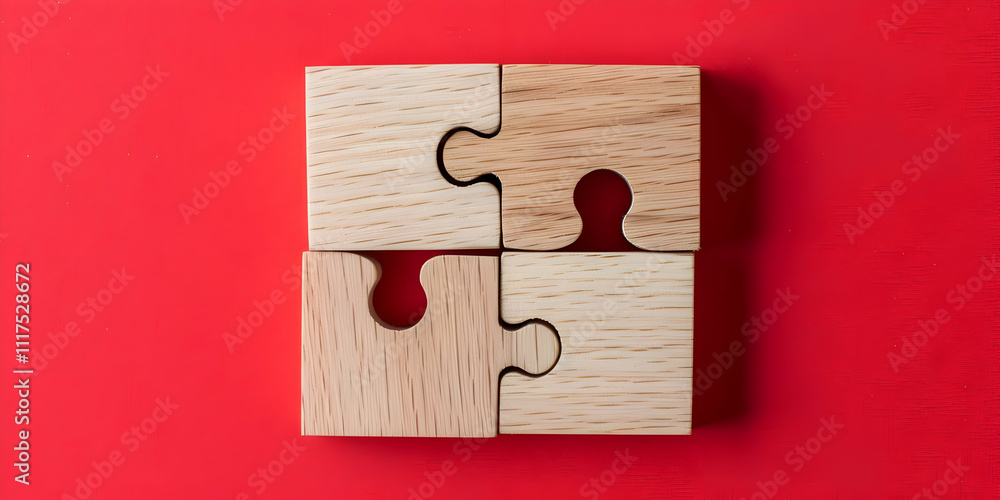 Wooden Puzzle Pieces on Red Background Illustration Wooden Puzzle Pieces on Red Background Illustration