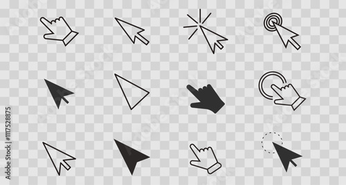 Mouse Click Cursors and Pointer set icon, line choice button. Click here, press ui indicator. Ux ui design element. Swipe gesture, navigation.