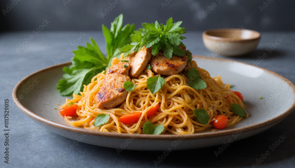 Pancit dish in close-up style in warm colors for appetizing meal presentation Pancit dish in close-up style in warm colors for appetizing meal presentation