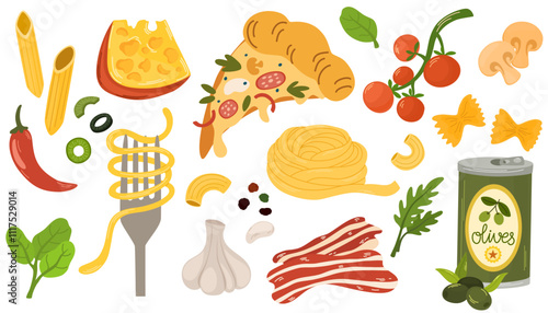 Italian food set, ingredients. Traditional products set, olive oil, tomatoes, mozzarella, pizza, cheese, pasta. Vector hand draw food illustrations isolated on white background