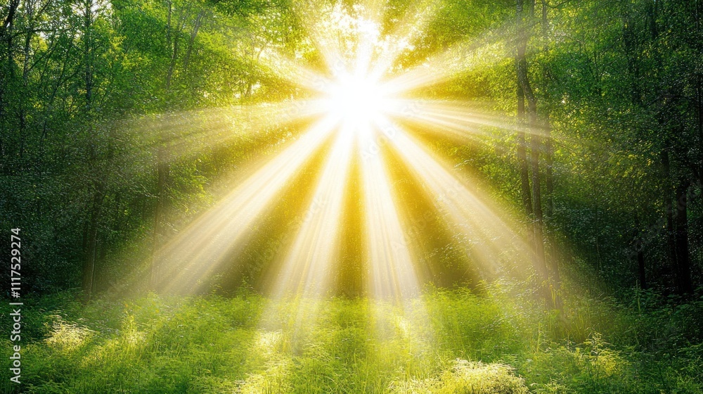 Sunbeams Illuminate Lush Green Forest Canopy Sunbeams Illuminate Lush Green Forest Canopy
