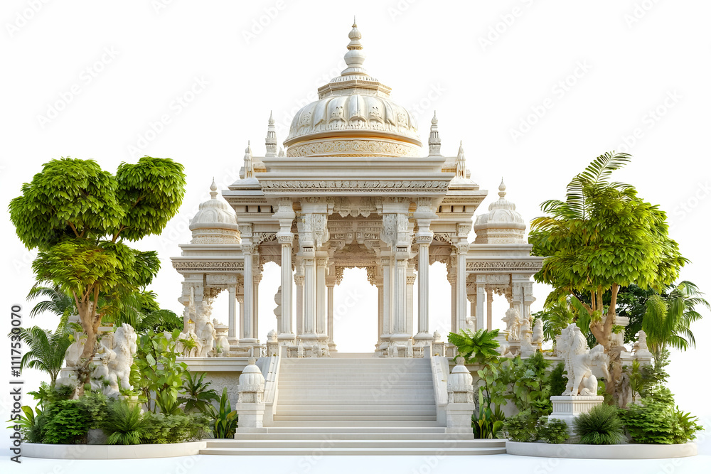 A detailed temple structure surrounded by lush greenery and decorative sculptures. A detailed temple structure surrounded by lush greenery and decorative sculptures.