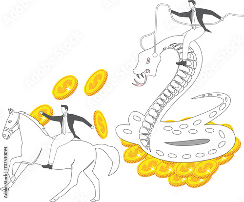 Frauds, scams or traps, investment risks or money traps, banking or savings crises, illegal investments, businessmen sitting on the heads of giant vipers chasing fleeing piggy banks