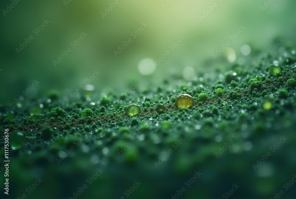 Water droplets resting on vibrant green moss in soft sunlight Water droplets resting on vibrant green moss in soft sunlight