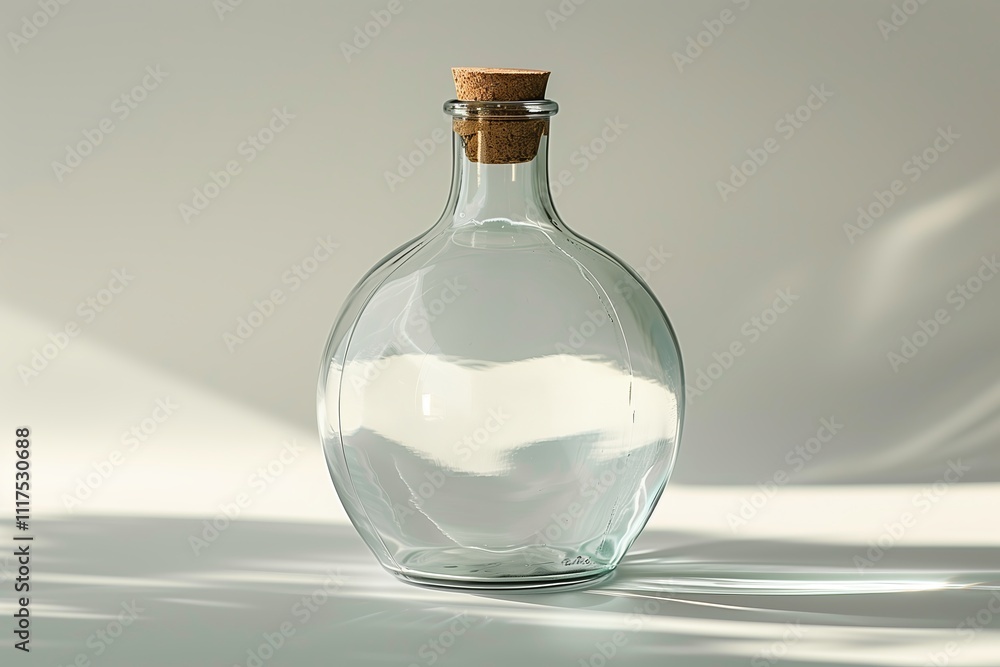 A minimalist glass bottle filled with water, featuring a natural cork stopper. A minimalist glass bottle filled with water, featuring a natural cork stopper.