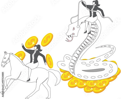 Frauds, scams or traps, investment risks or money traps, banking or savings crises, illegal investments, businesswomen sitting on the heads of giant vipers chasing fleeing piggy banks