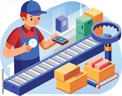 factory manufacturing worker quality check inspect supervising products vector illustration graphic design art 