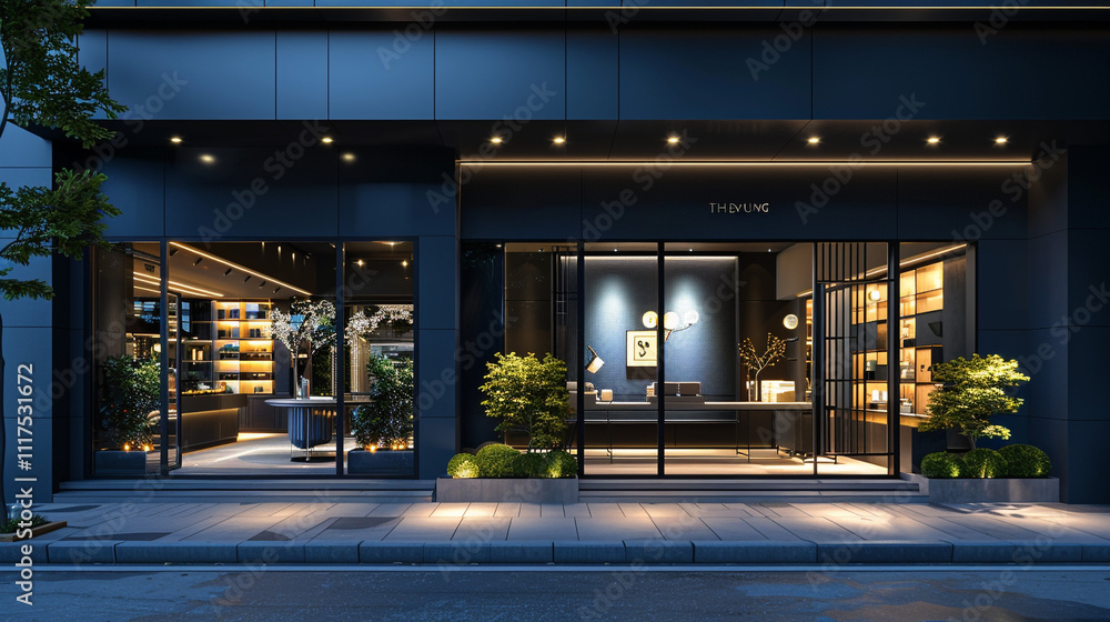 Modern boutique with a stylish black and grey facade, illuminated by soft indigo lights. The transition from day to night is elegant and sleek Modern boutique with a stylish black and grey facade, illuminated by soft indigo lights. The transition from day to night is elegant and sleek