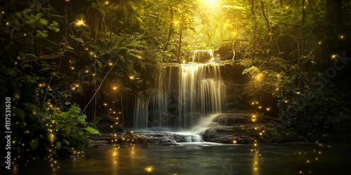 A forest scene with a waterfall flowing and shining in the moonlight. The tree canopy shimmers with golden light, and fireflies fly among the dense green trees.