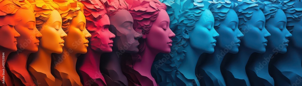 A captivating CG 3D creation featuring a multitude of human faces silhouettes A captivating CG 3D creation featuring a multitude of human faces silhouettes