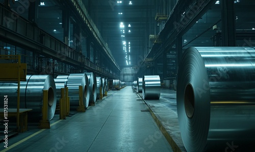 Steel coils in a factory, showcasing raw industrial materials in a manufacturing environment, emphasizing the strength and precision of steel production. photo