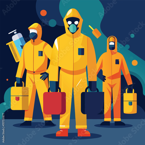 pandemic hazard industry workers in hazmat suit gas mask vector illustration graphic design art