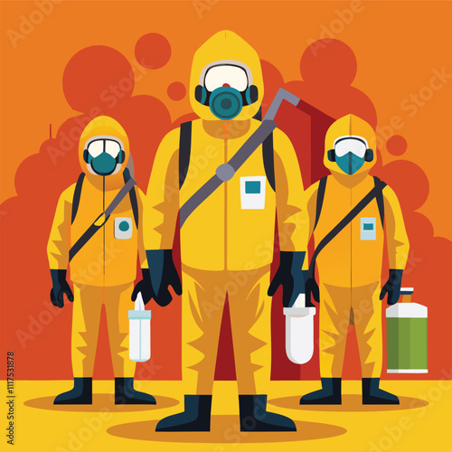pandemic hazard industry workers in hazmat suit gas mask vector illustration graphic design art
