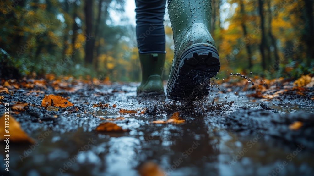 Close-up of rubber boots walking on a muddy path in a fores Close-up of rubber boots walking on a muddy path in a fores