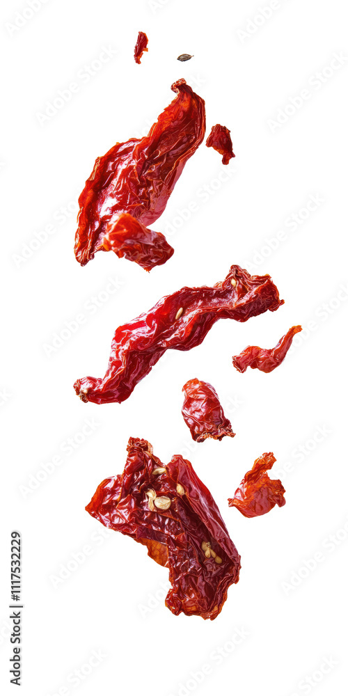 The image features several pieces of dried red chili peppers, showcasing their wrinkled texture and vibrant color on white background , cut out. The image features several pieces of dried red chili peppers, showcasing their wrinkled texture and vibrant color on white background , cut out.